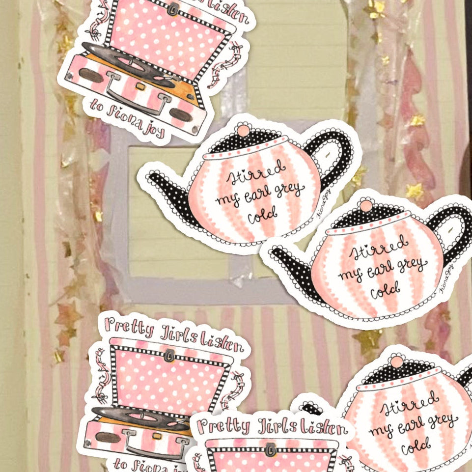 hand-painted “pretty girls listen to fiona joy” record player bubble sticker